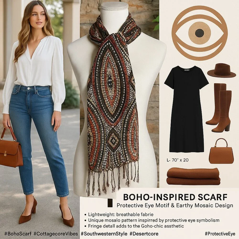 Boho Luxe Scarf | Protective Eye Motif & Mosaic Design